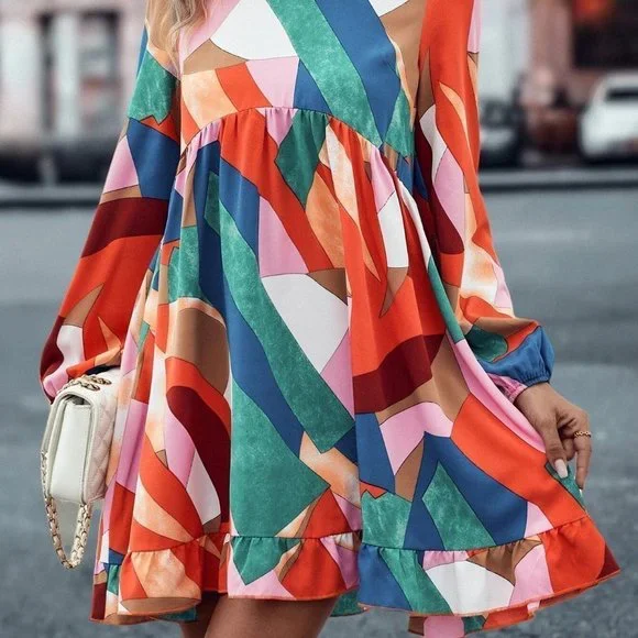 Multicolor Boho Womens Geo Print Lantern Sleeve Ruffle Hem Smock Dress - Picture 5 of 5